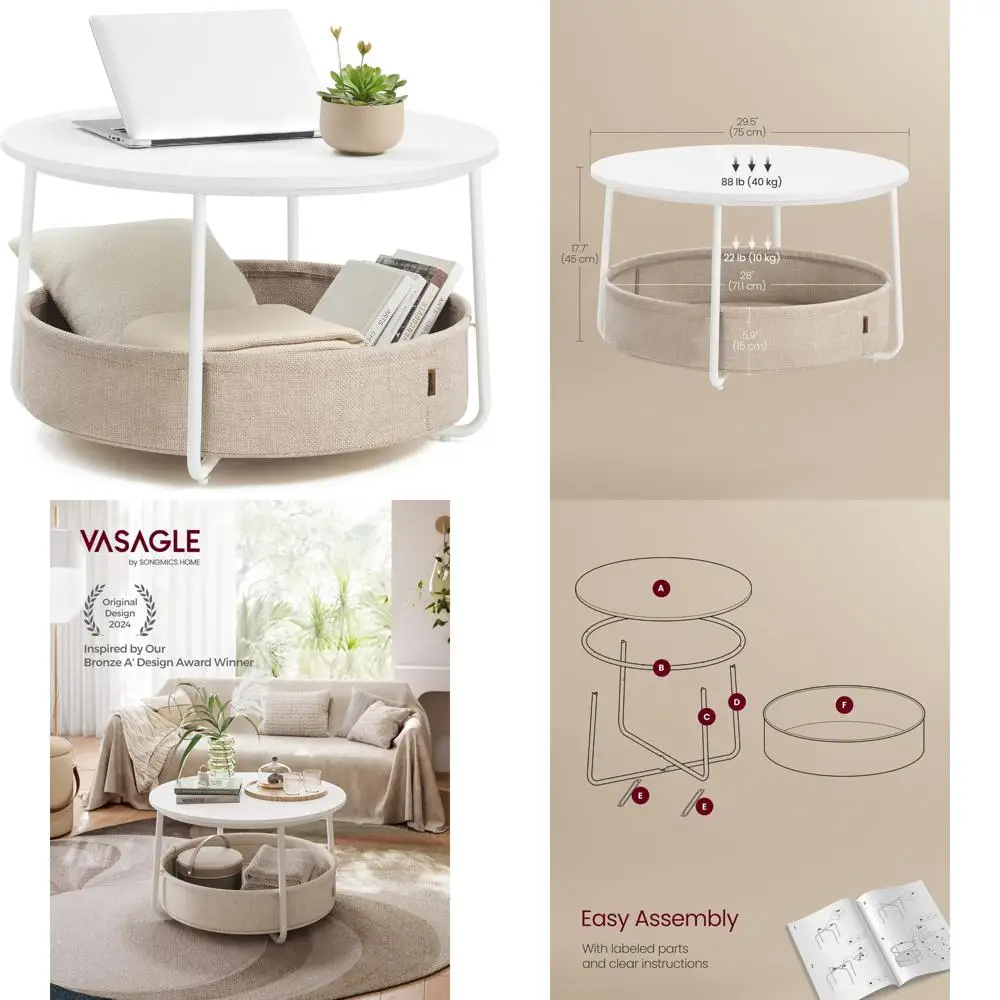 

Round Modern Coffee Table with Storage and Fabric Basket for Living Room, Metal Frame, Matte White