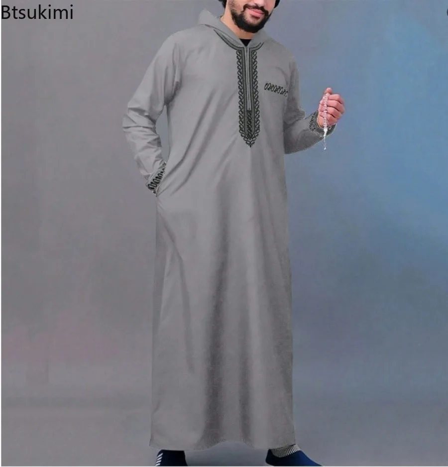 Męska odzież muzułmańska 2026, etniczny styl, haftowany, długi rękaw, stójka, kaftan, odzież islamska, luksusowa, elegancka szata z kapturem.