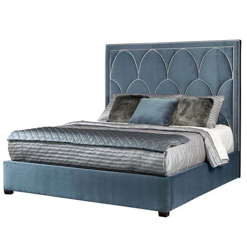 American fabric rivet bed, dark blue soft bag bed, high back wedding bed, master bedroom double bed