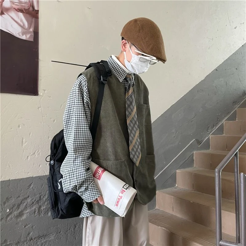 

2025 Autumn Winter Retro Corduroy Vest for Men Japanese Style Collarless Blazer Trendy Casual Streetwear Jacket