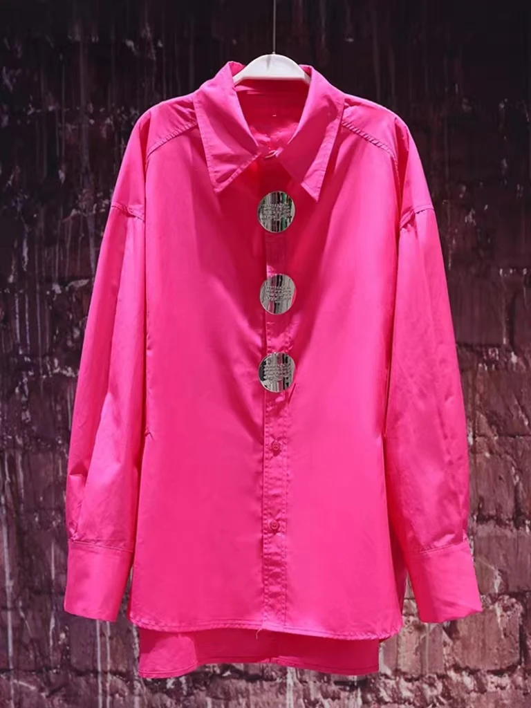 New In Autumn 2024 Rose Red Mid Length Oversized Cotton Shirts For Women Lantern Sleeve Buttons Up Blouses Tops Korean Popular