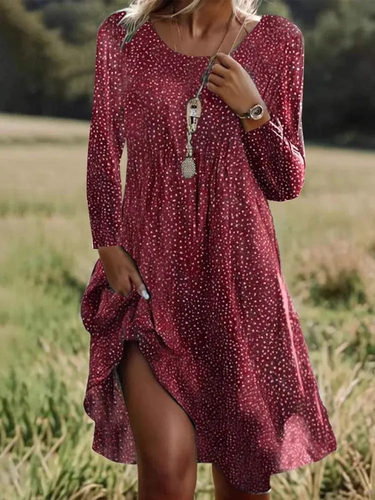 

Women's Casual Dress Summer Fashion Polka Dot Print Round Neck Long Sleeved Mini Dresses Loose Elegant Beach Party Female Dress