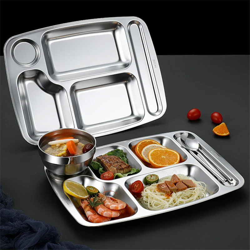 

Muti-grid 304 Stainless Steel Fast Food Plate School Dinner Plate Lunch Food Trays Canteen Plates Lunch Box Kitchen Storage