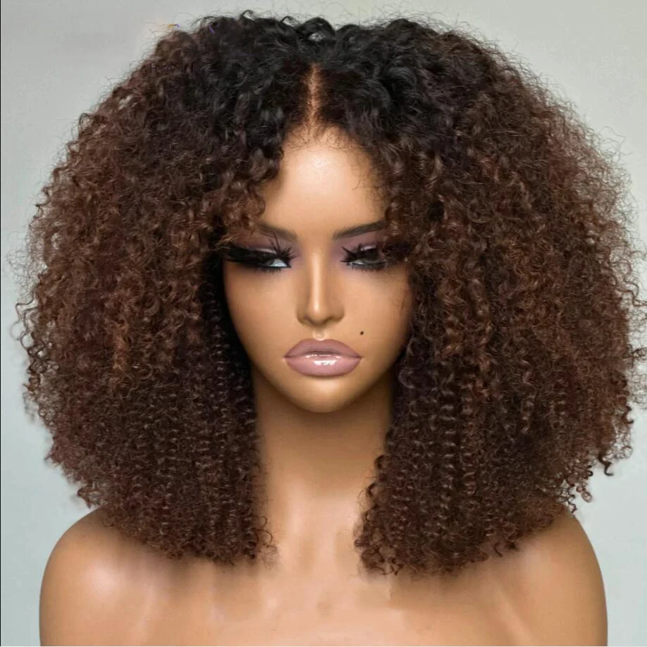 

Short Bob Soft Ombre Brown 180Density Natural Hairline Kinky Curly Lace Front Wig For Black Women Baby Hair Preplucked Glueless
