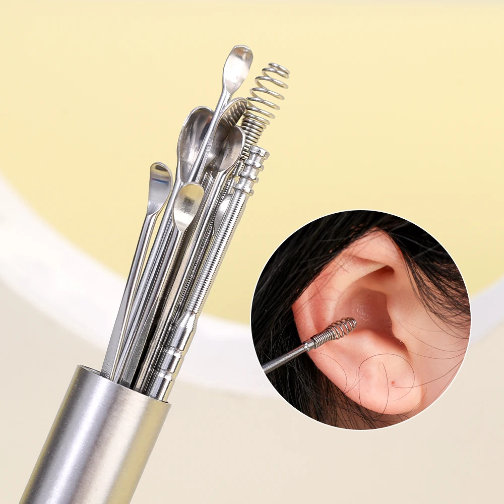 Kit de piercing d'oreille en acier inoxydable, nettoyeur d'oreille, cure-oreilles, dissolvant d'avertissement, cérumen, soins de cuillère, outils de nettoyage, 10 pièces par ensemble, 514 ers