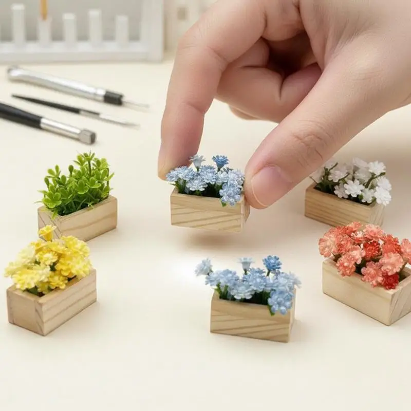 Simulated Mini Fake Potted Flower with Wooden Box Eco-friendly Artificial Plant for Car Dashboard Ornament