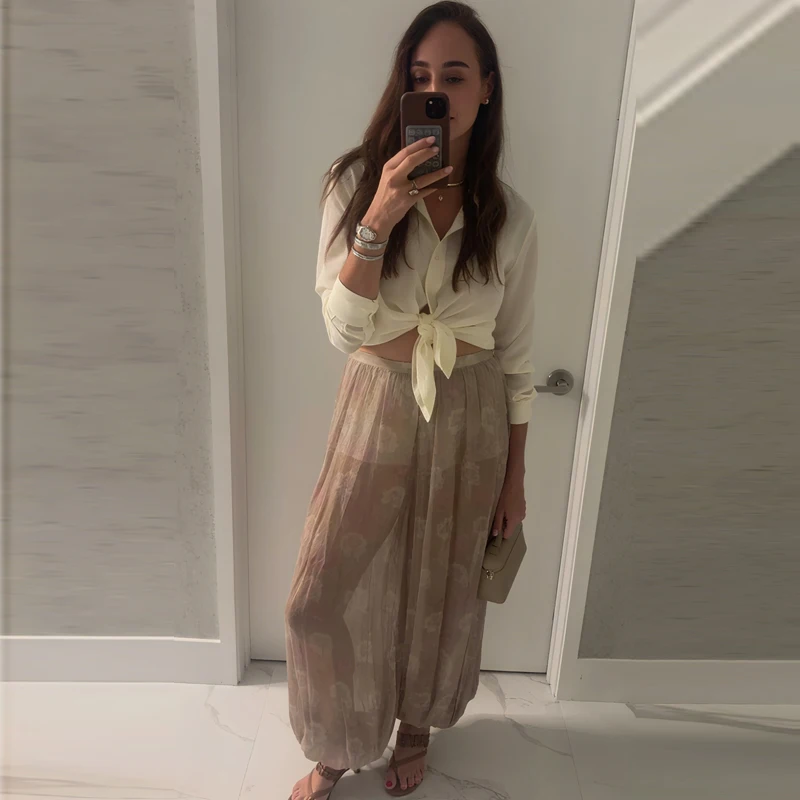 HXAO Damskie Spodnie Letnie z Nadrukiem Kwiatowym, Luźne Spodnie Damskie w Stylu Boho z Plisami, Płynne Spodnie Damskie Casual, Półprzezroczyste Spodnie Balonowe