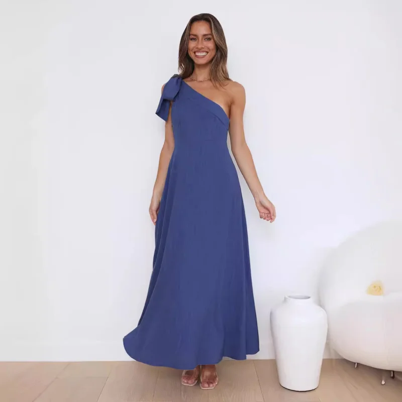 

HMR-Hot Sale Summer Solid Color One Shoulder Design Diagonal Collar Large Swing Dress Women's Clothing