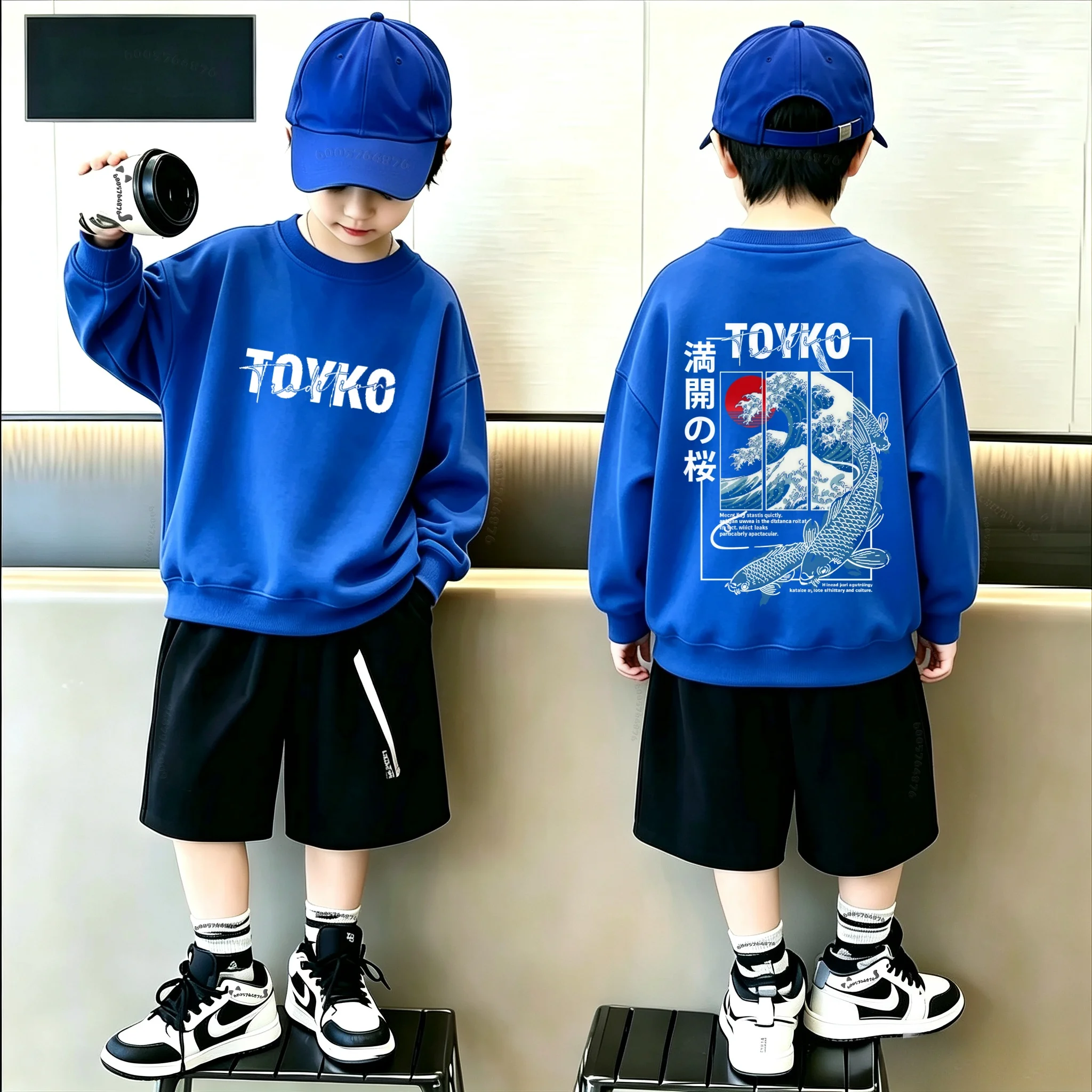 Latest children's casual loose-fitting hoodie with trendy cartoon wave and fish print. Warm winter and autumn pullover hoodie.