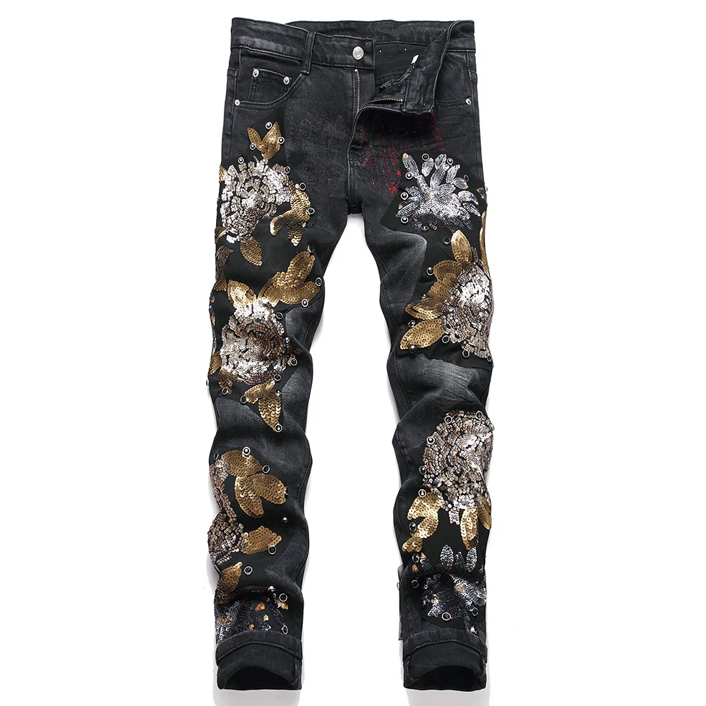 Men Punk Rivet Crystal Denim Jeans Black Skinny Tapered Pants Sequins Embroidery Patch Trousers