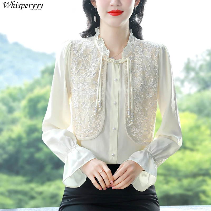 

Новая рубашка в китайском стиле, женские топы с расклешенными рукавами и вышивкой, женская весенняя модная повседневная блузка с рюшами и воротником для женщин