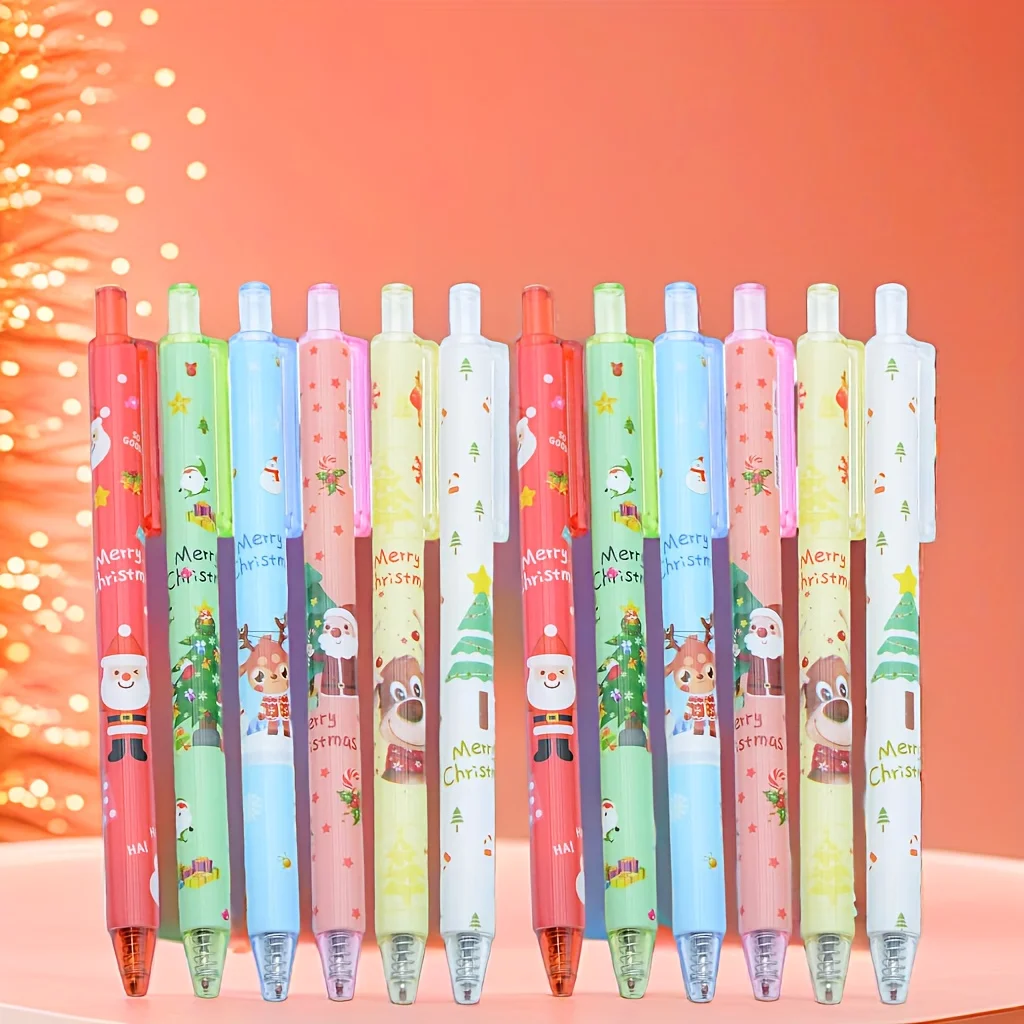 12-teiliger kreativer schwarzer Signature-Stift mit Rundspitze, mit Weihnachts-Cartoon-Knöpfen – ideal für Studenten, Lehrer und Büro