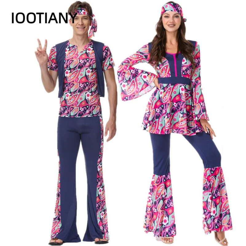 Halloween Hippie Kostüme Set für Paar Frauen Männer Vintage 1920er Jahre Disco Bühne Performance Tanz anzug Rock Hippies Cosplay Phantasie