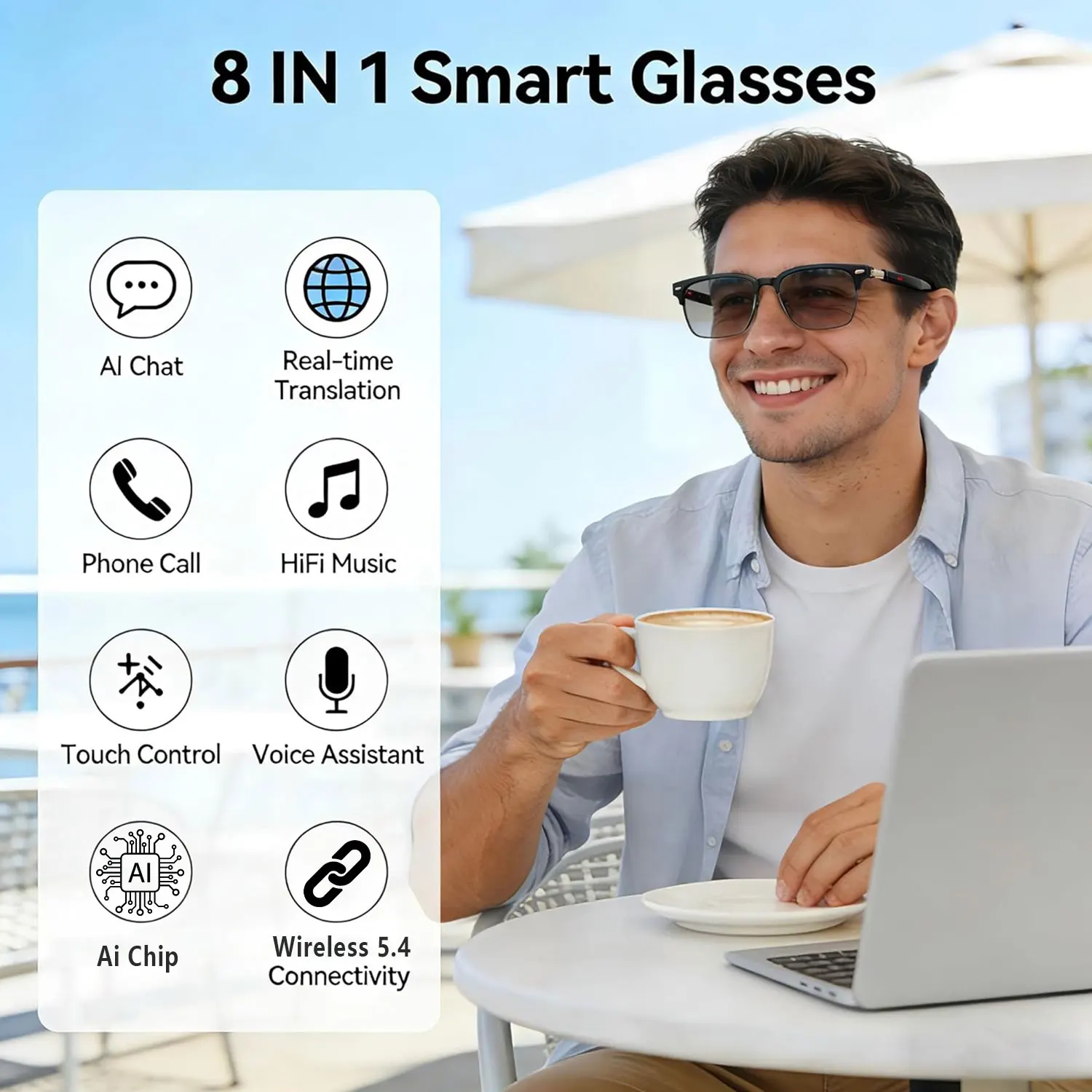 Smart Audio Glasses with Real-Time Translation Hi-Fi Music Playback Noise-Cancelling Voice Calls And Photochromic Lenses