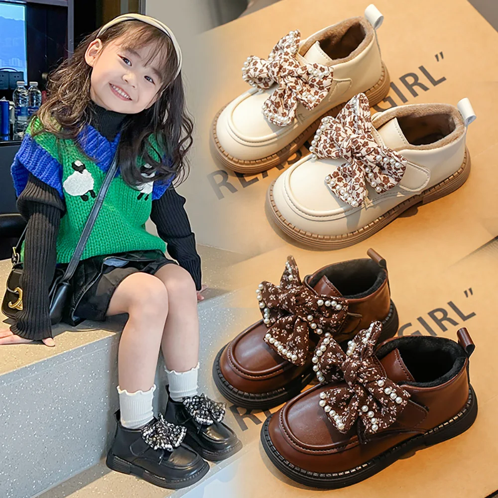 

Korean Style Girl's Plush Boots PU Leather Princess Warm Boots For Girls Thick Warm Faux Fur Cotton Shoes For Kids Winter Shoes