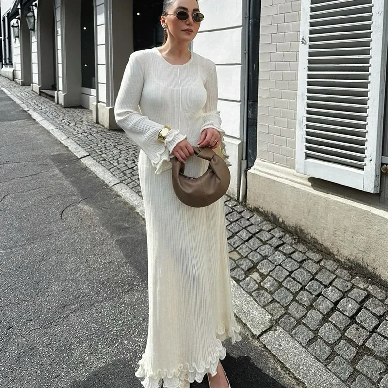 

Ruffles Pleated Loose Long Dress Women Autumn Winter Fashion White O Neck Flare Elegant Party Dresses Female Streetwear Outfits