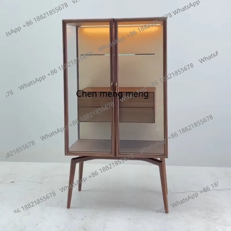 

Black walnut wine cabinet display, living room decoration storage against the wall, single door glass bookcase