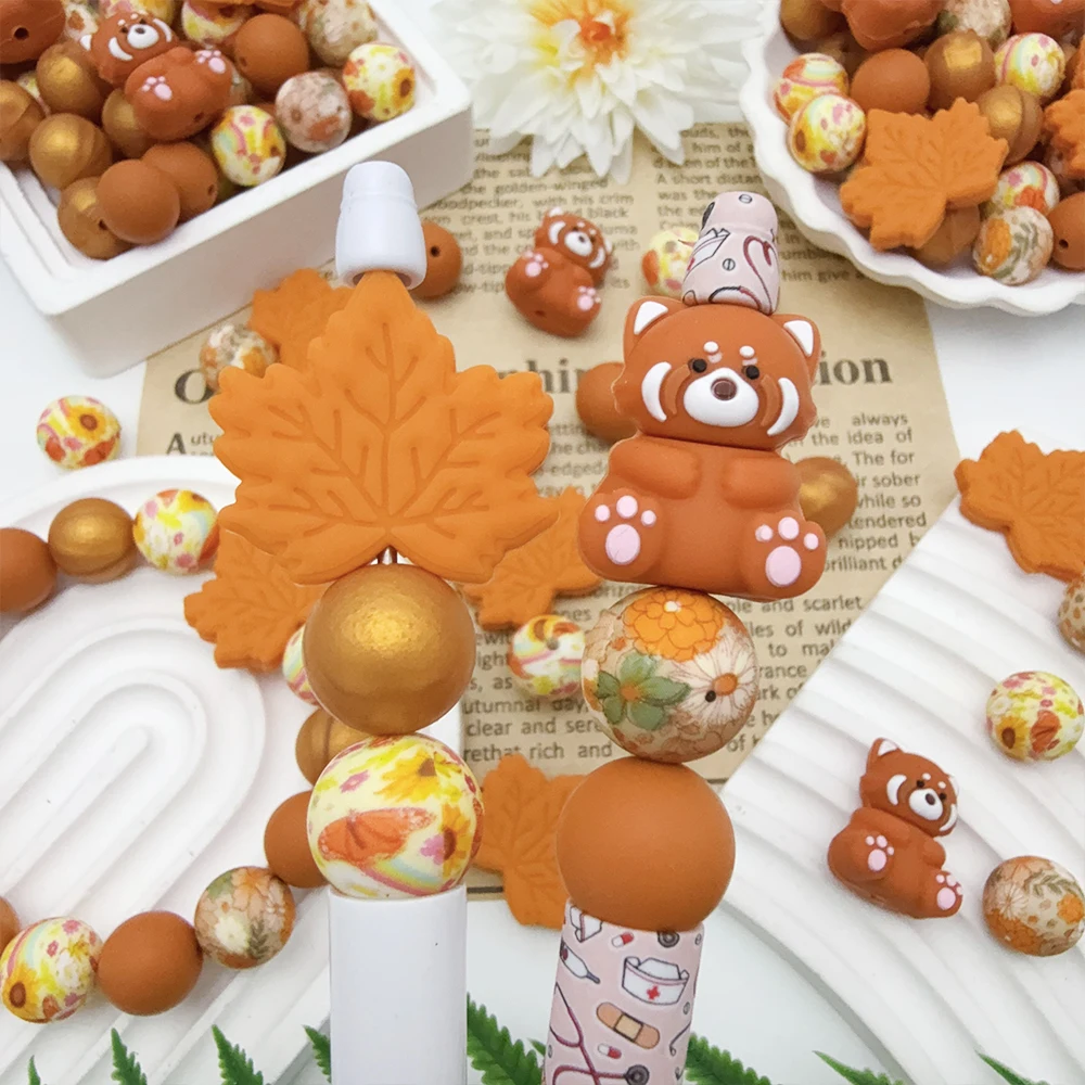 34Pcs Maple Leaf Red Panda Silicone Beads Set DIY Beaded Necklace Bracelet Decoration Pen Jewelry Pendant Etc. Holiday Birthday Gift view 2