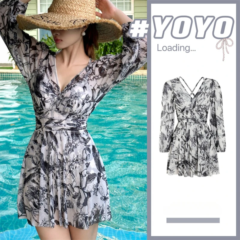 

Korea Slim Sexy V-Neck Tulle Swimsuit Ins Style Fashions Printed Long Sleeves Conservative Onsen Swimwear One Piece Suits