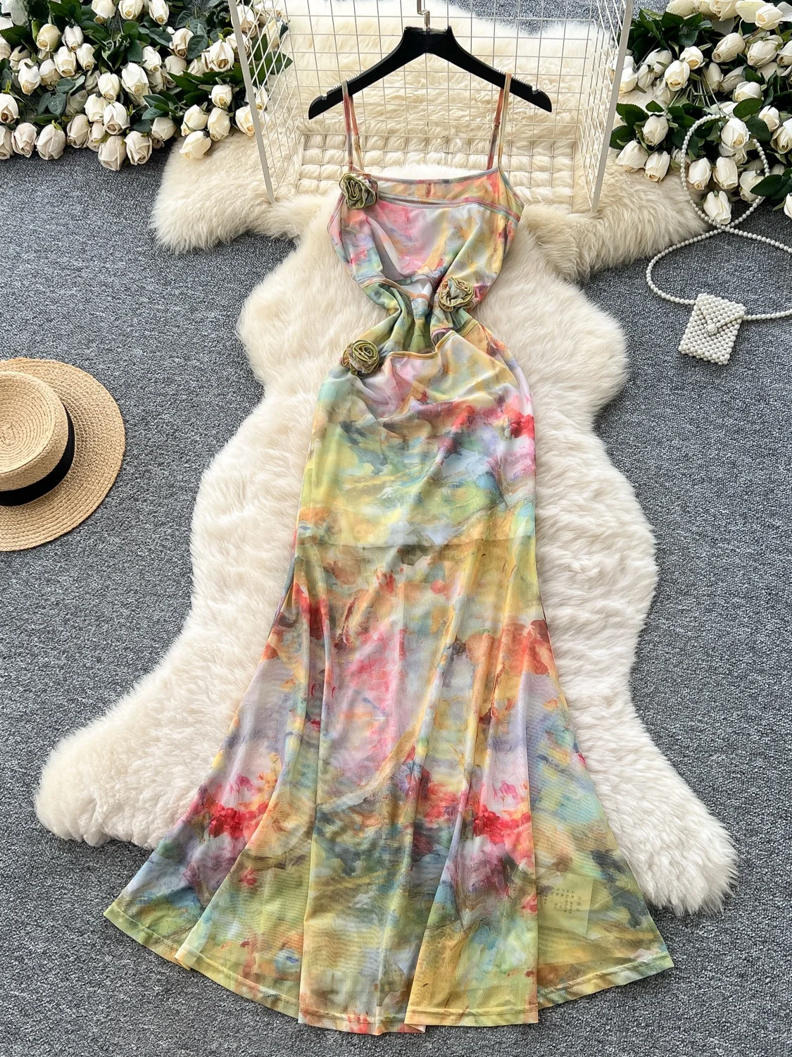 Rétro frottis imprimé Me Strap Dr femmes été 2025 t-shirt dimensionnel fleur taille mince longue Dr coréen Sle taille haute...