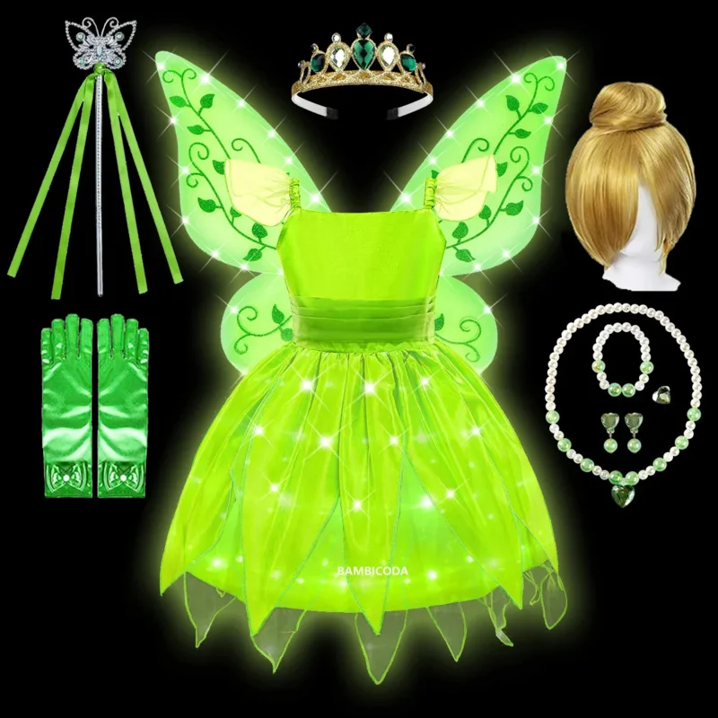 Tiana Cosplay Costume for Girls Fancy LED Dress up Princess Carnival Birthday Party Kids Frock Ball Gowns Clothes The Frog Dress