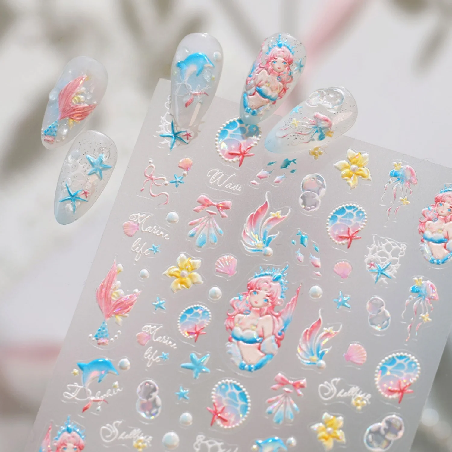 Meerjungfrauen-Prinzessin Nagelaufkleber 5D Pastell-Farbverlauf Fischschwanz Muschel Seestern Wasserpflanze Perle Blase Schleife Marine Nagelsticker