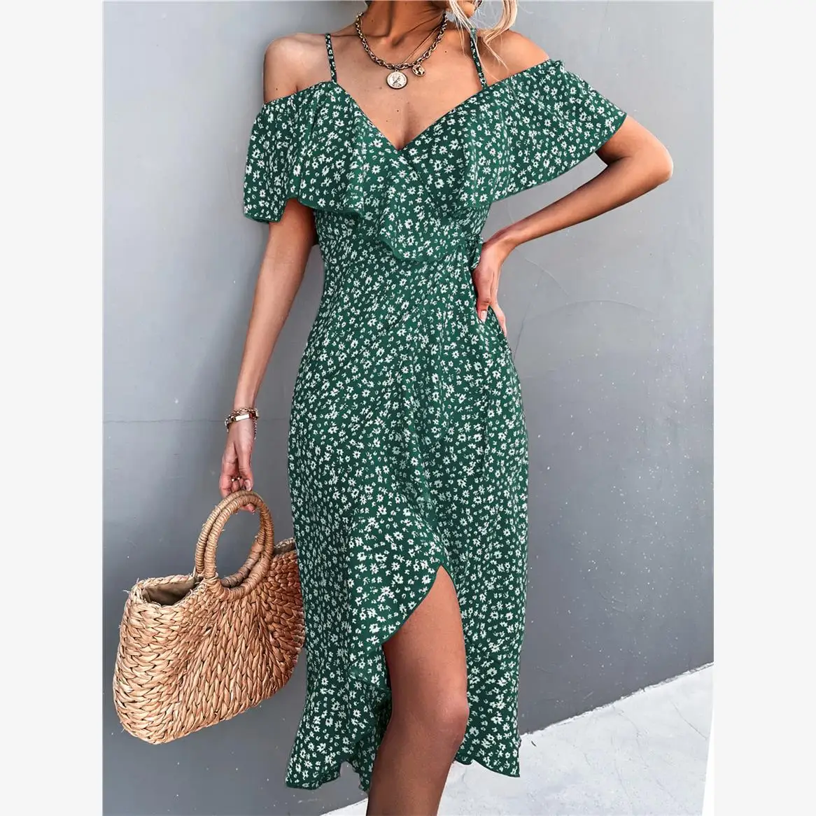 Susp floral de um ombro Dr bainha irregular Street Sle cintura alta estampa saia longa evasê V-Ne ort Sve verão...