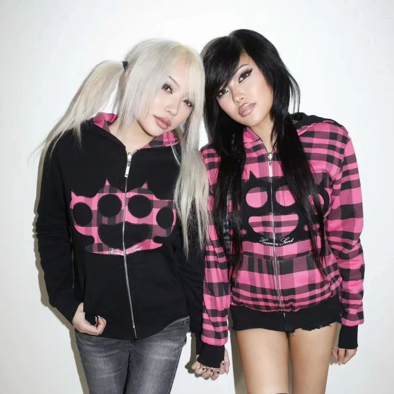 Y2k Street Punk Style Letter Embroidery Design Long Sleeve Zipper Hoodie Trend Personality Double-sided Wearable Coat Emo
