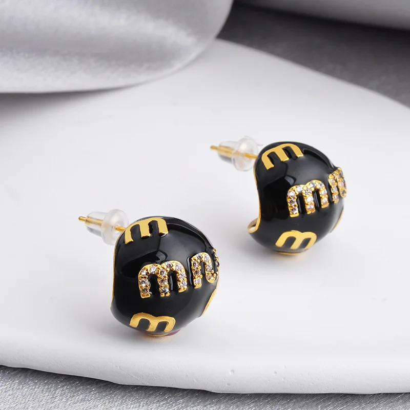 

18K Gold Plated Retro Enamel Letter M Earrings, Luxury Brand Jewelry Fashion Women's Anniversary Gift Party Accessories