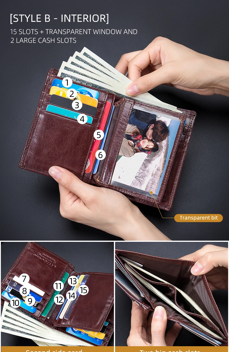 BULLCAPTAIN Herren-Geldbörse aus Echtleder mit RFID-Schutz, Ausweisfenster, vertikale Bifold-Geldbörse für Herren mit Vintage-Kartenhalter – Detail 8