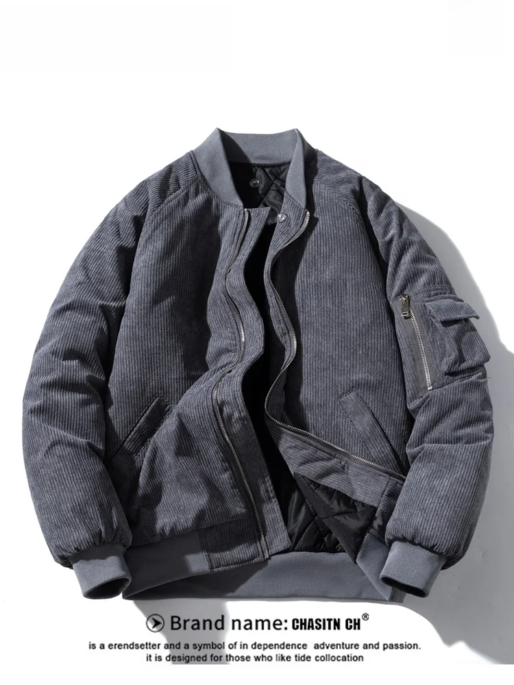 

Thiened Corduroy Letter Embroidery Cotton Jaet for Men Vintage Retro Flight Loose Couple Outerwear Winter Faion Ci Sle