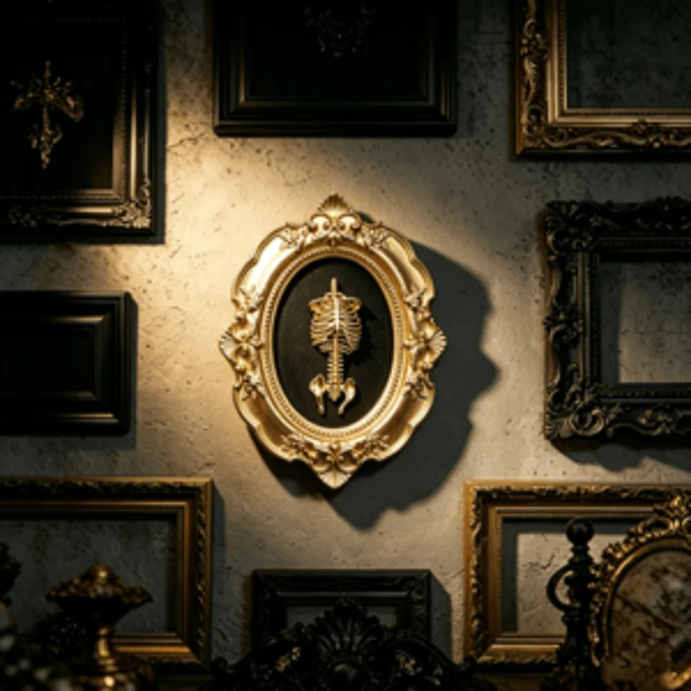 3D Gothic Golden Skeleton Torso Hips Statue Wall Art Round Frame Home Decor，Best Friend Birthday Gift