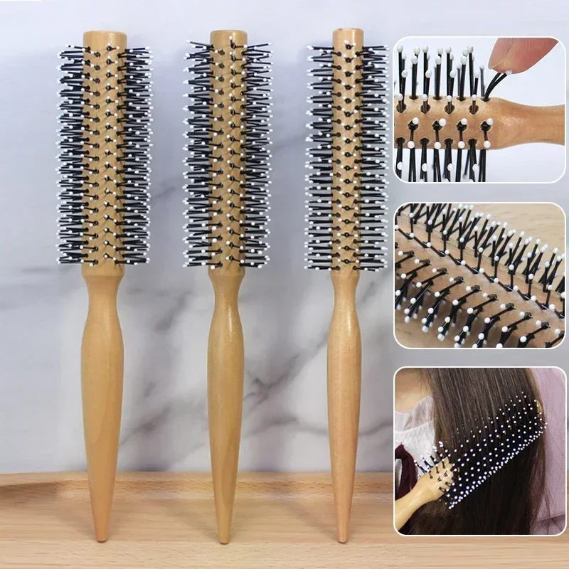 

Mini Round Nylon Hairbrush Curly Hair Styling Comb Rolling Comb Round Brush for Thin or Short Hair Men with Wooden Handle