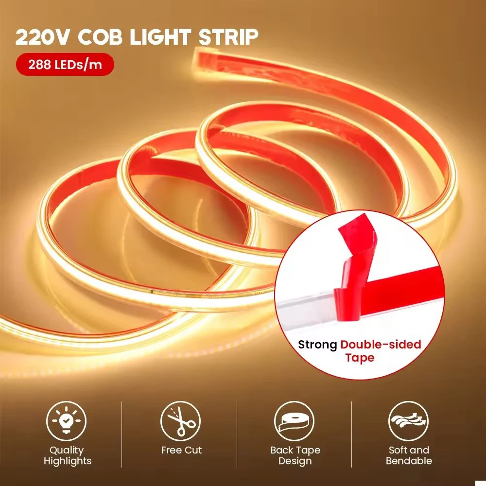 Super Bright COB Led Strip Lights 220V EU Power Plug Waterproof 220V Led Light for Room Kitchen, Outdoor Flexible Ribbon Tape