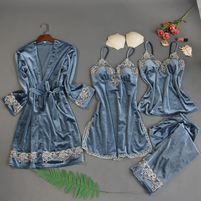 

Velour Women Sleepwear Pajmasfour Piece Set Sexy Lace Trim Bath Robe Nightgown Lingerie Autumn Winter Velvet Loungewear Homewear