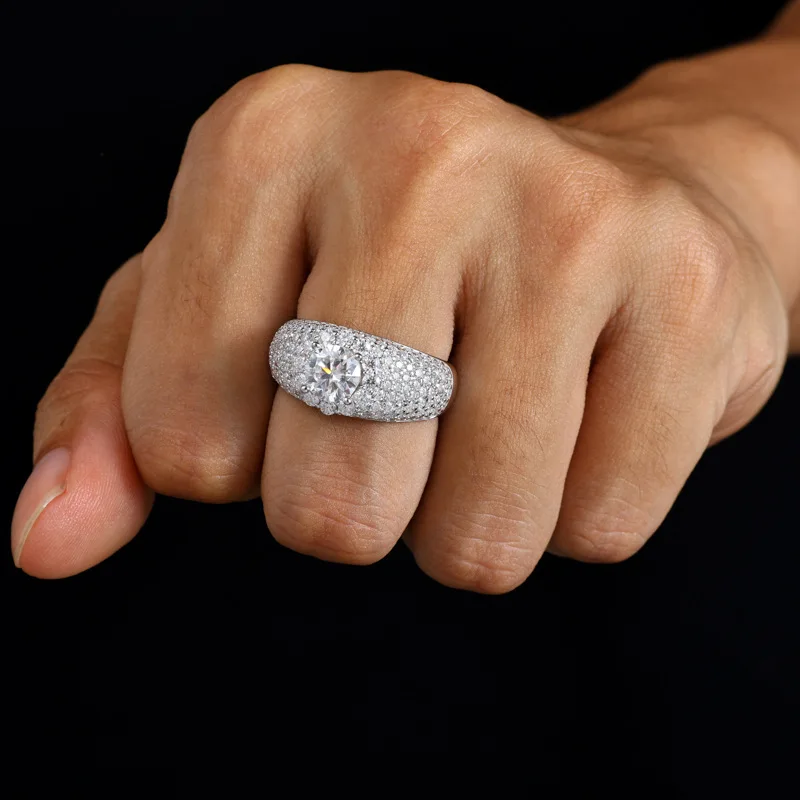 Moissanita-Anillo de plata de ley S925 para hombre y mujer, sortija redonda, de estilo Hip Hop, lujoso, brillante, para boda