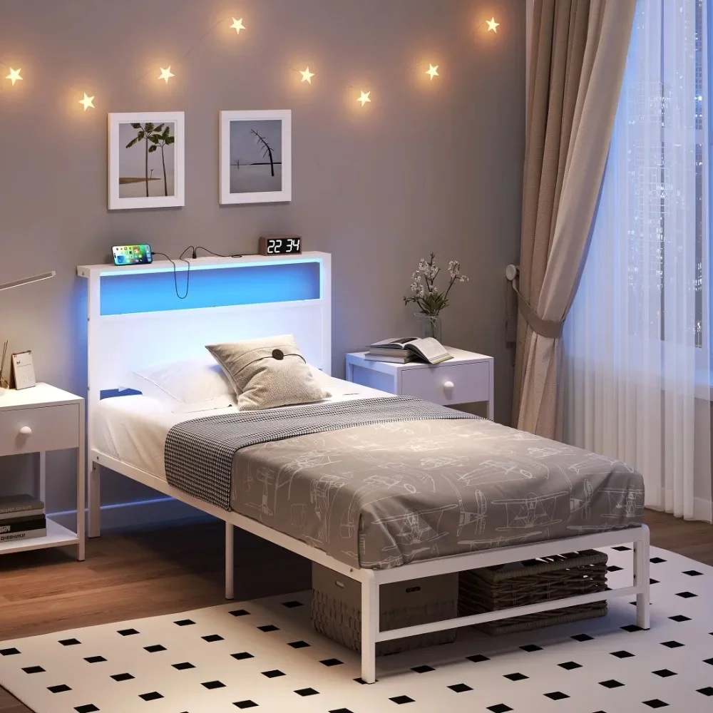 

White Twin Metal Platform Bed Frame with LED Light and USB Port Charging Station Storage Headboard for Kids Boys Girls Adults