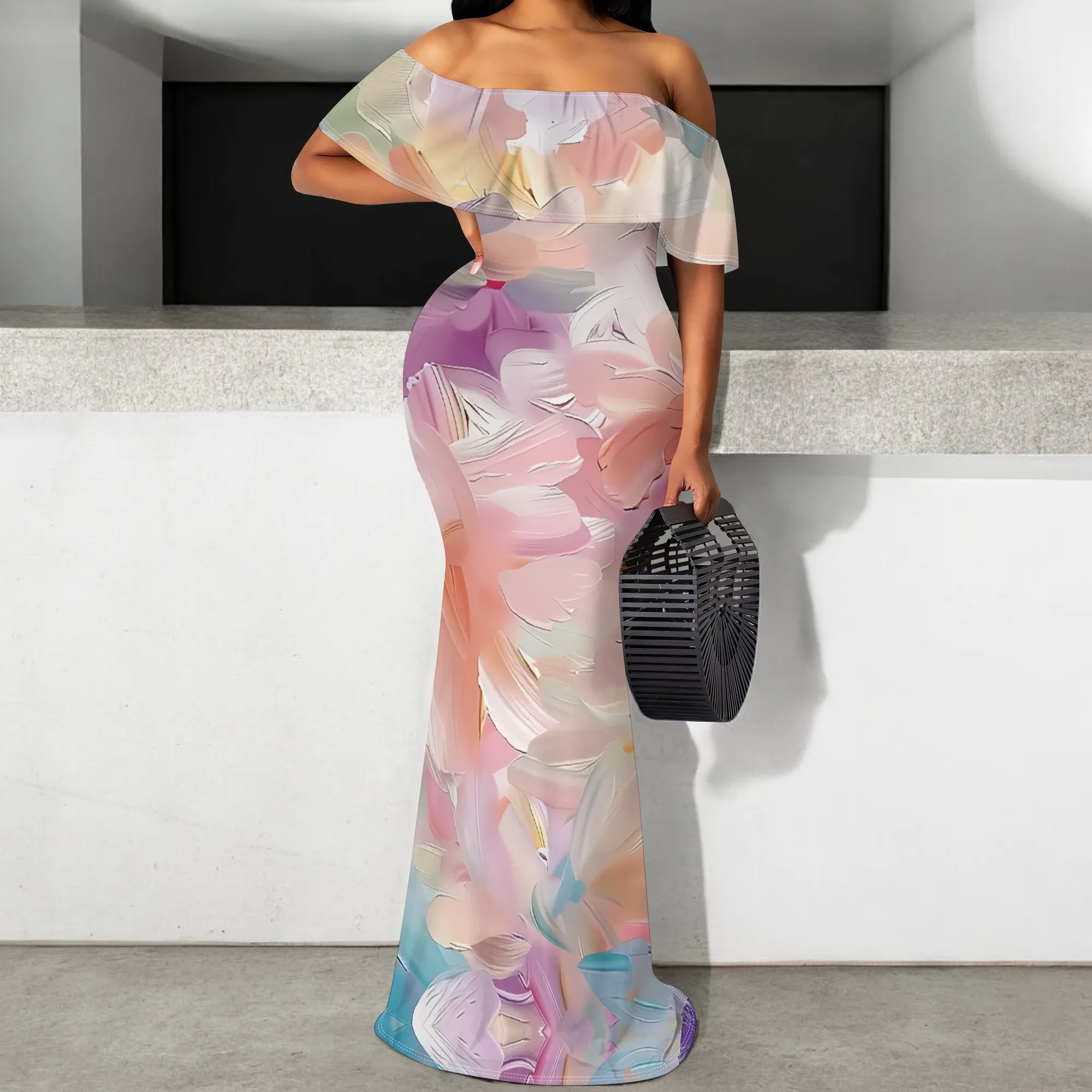 

Floral Off-Shoulder Women's Maxi Dress S-3XL, Soft Pastel Floral Print with Ruffled Detail