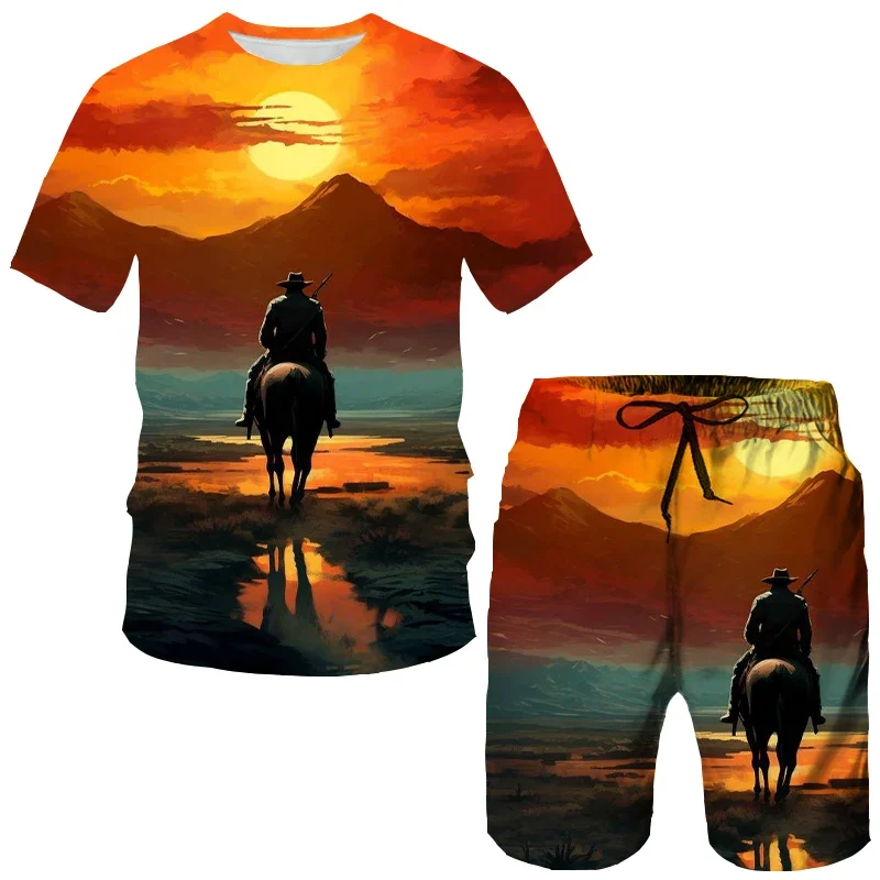 Summer Men's Tracksuits Cowboys Horses 3D Printing T-Shirts Shorts Sets Oversized Short Sleeve T-Shirt Pants Set Suits Clothing