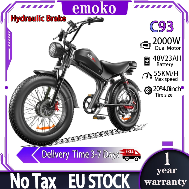 Emoko C93 E-bike 2000W Dubbele Motor 48V23AH Lithium Batterij Hydraulische Rem Elektrische Mountainbike 20*4 inch Off-Road Vetband Volwassen All-Terrain E-fiets
