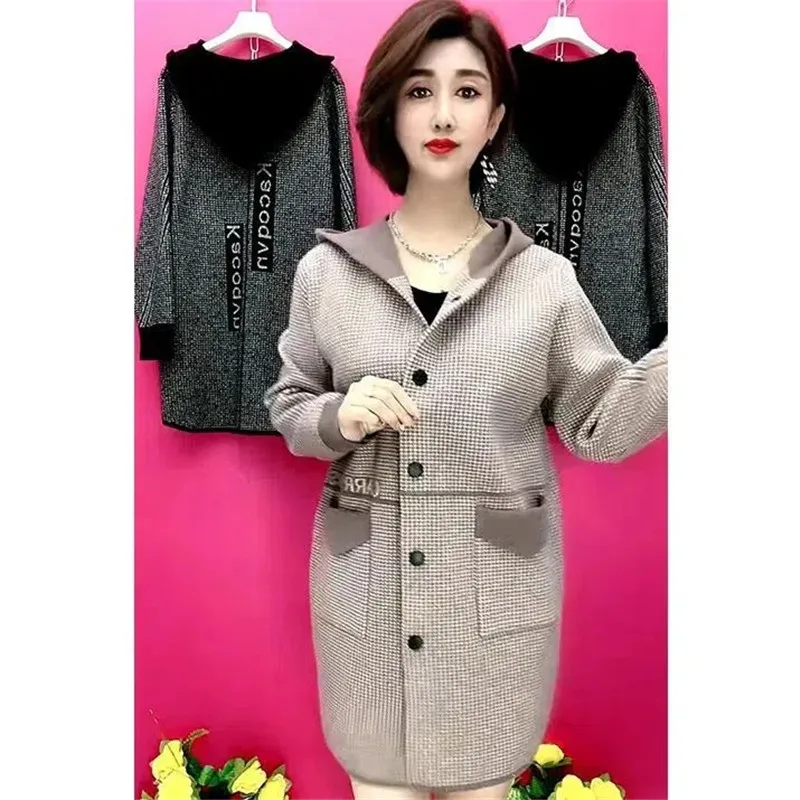 Mother\'s Spring Autumn Coat Female With Long Foreign Hnitted Hooded Jackets For Middle-Aged Elderly Women\'s Cardigan Outerwear