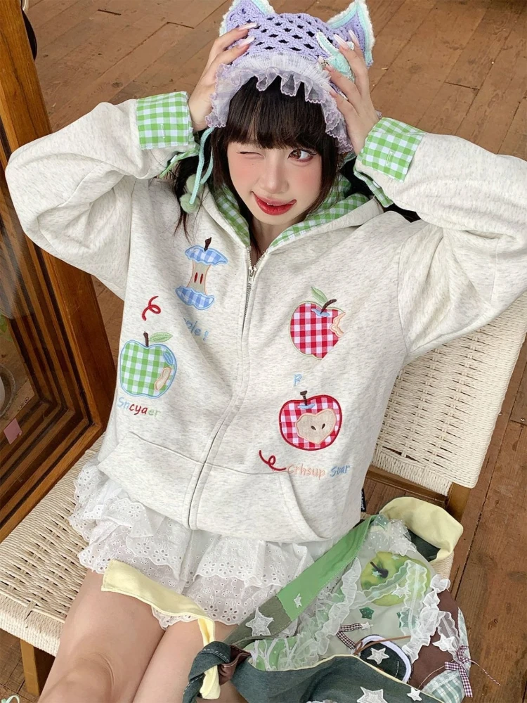 

2000s Japan Kawaii Cute Print Hoodie Harajuku Plaid Patchwork Sweet Sweatshirt Y2k Aesthetic Loose Fake Two Piece Hoody Chic