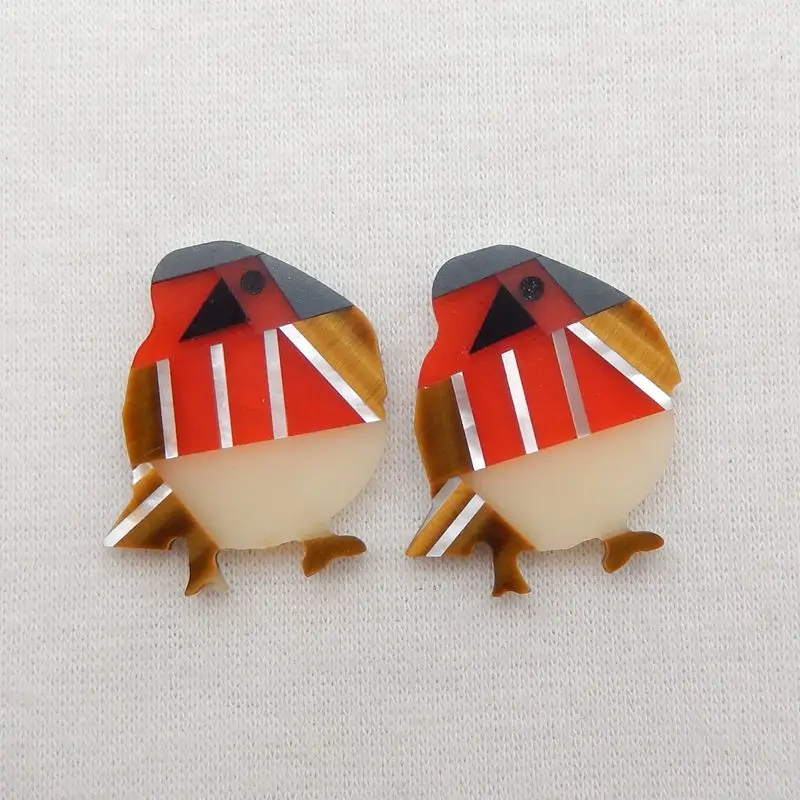 New Design!2Pcs Red River Jasper,Red Agate,Tiger's Eye,Hematite,Obsidian,Shell Bird Shape Intarsia Cabochons,25x20x2mm 4g