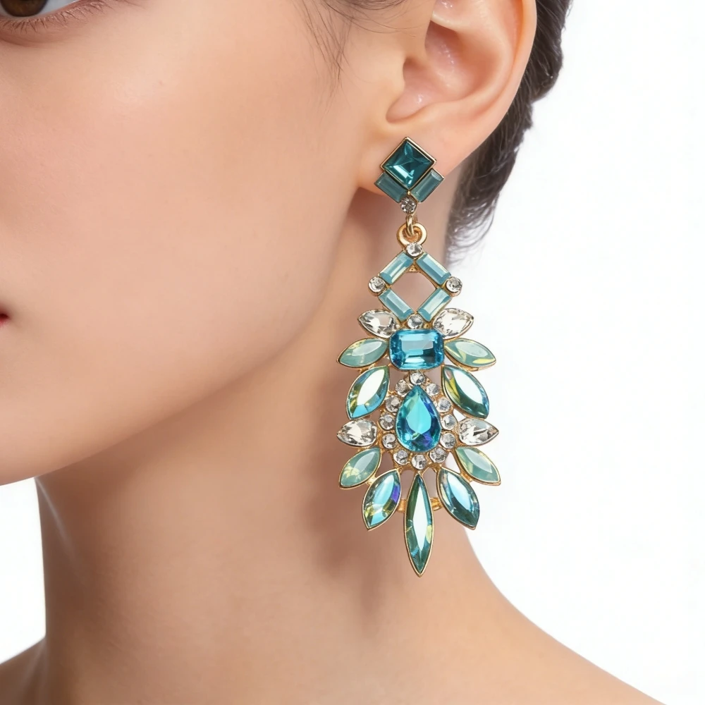 Colorful Lake Blue Iridescent Crystal Rhinestone Long Big Dangle Earrings Women Boho Ethnic Statement Wedding Party Earrings