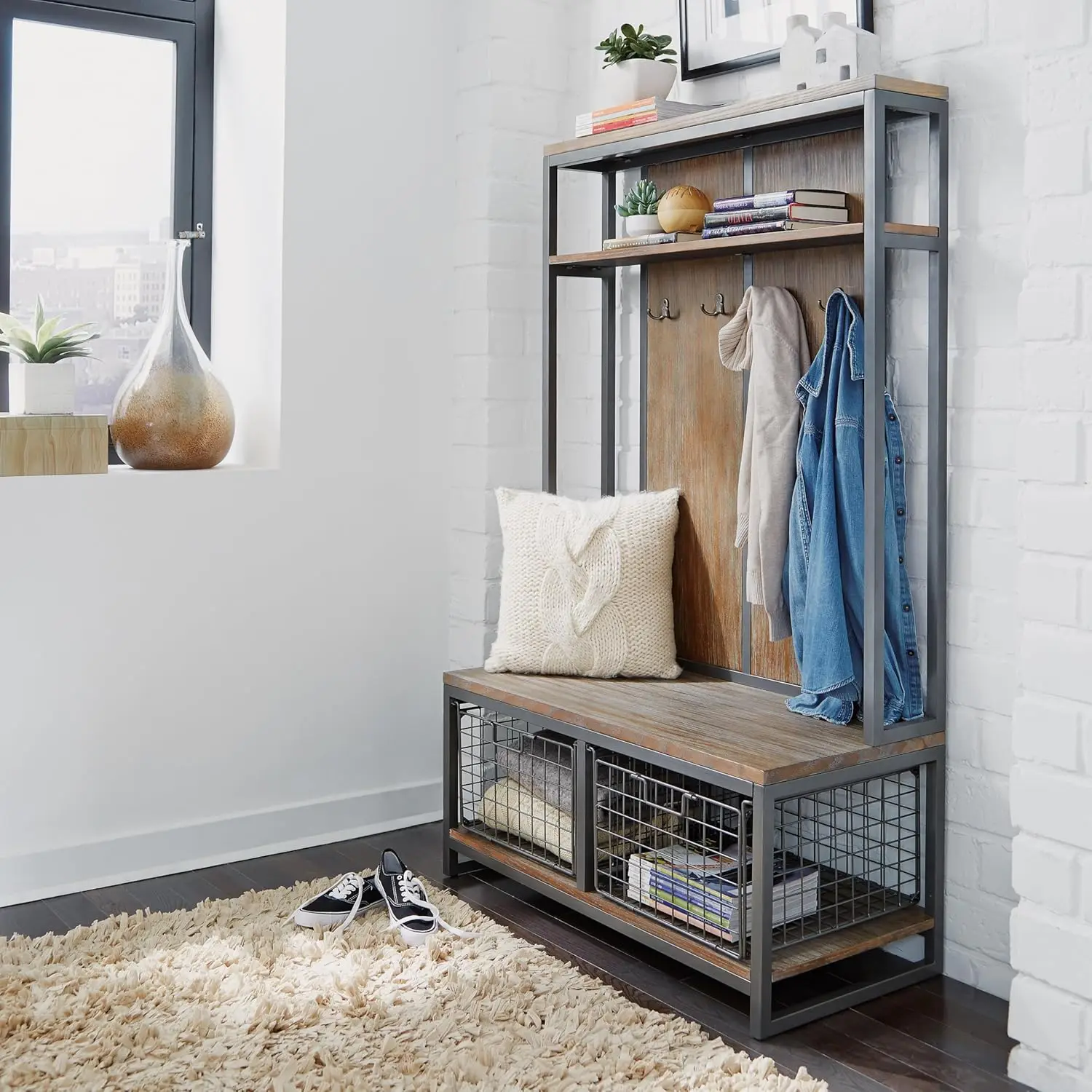 Mixes Media, Gray Metal Frame with Multi-toned Driftwood Finish with Two Large Storage Baskets and Four Hooks