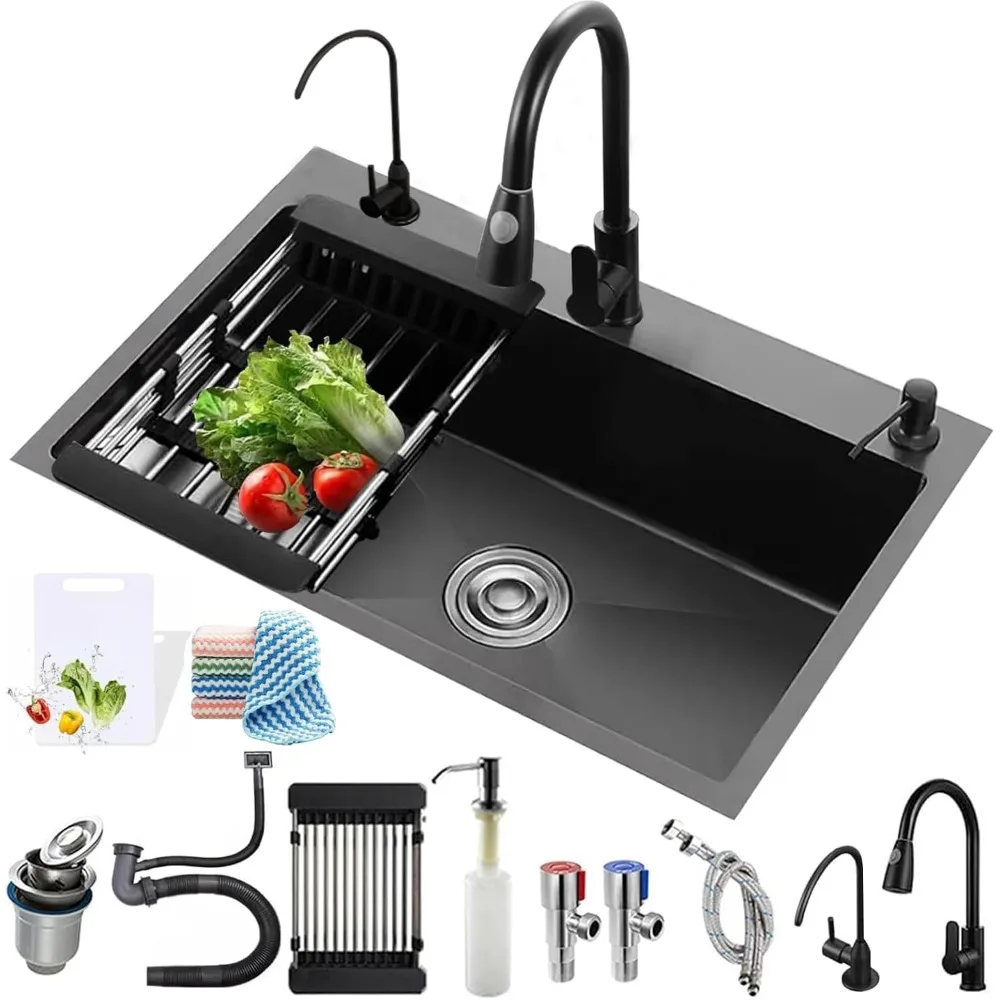 Single Bowl Stainless Steel Kitchen Sink with Sliding Accessories Embedded or Top Mount 31.5x17.7 inch Black