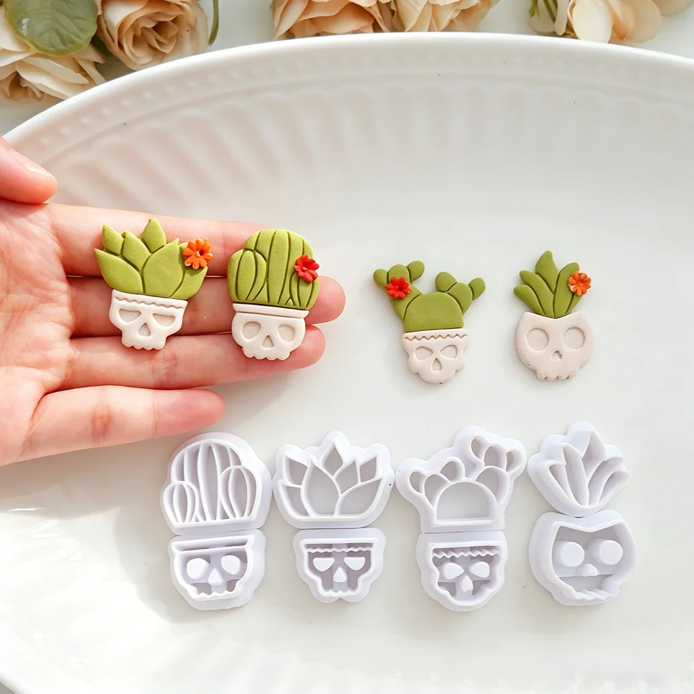 2pcs/set Jewelry Making Kit Halloween Skull Soft Pottery Polymer Clay Cutter Skeleton Potted Plant DIY Earring Cutting Mold Tool