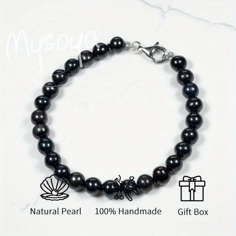 

MYSOYA 8-9mm Natural Black Freshwater Pearl Bracelet For Women And Men With Gift Box Perfect Birthday Wedding Anniversary Gift