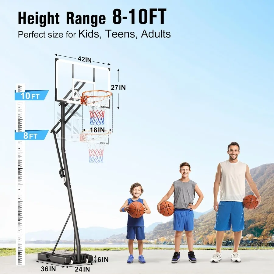 10FT Adjustable Outdoor Basketball Hoop System with PC Backboard and Wheels for Teens Youth Adults Easily Portable Basketball G
