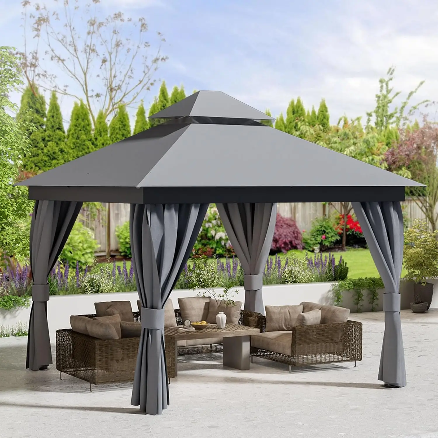 10'x10' Outdoor Gazebo Heavy Duty Party Tent Double Roof Steel Frame Mosquito Net Privacy Curtains Backyard Garden, Customized